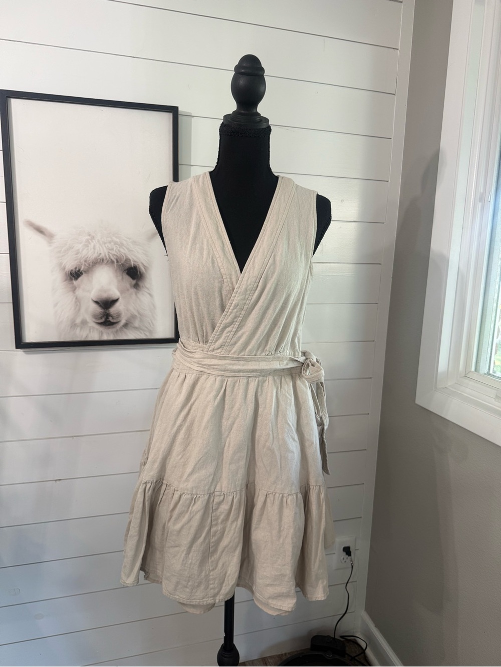 Christian Lacroix Beige Linen Wrap Dress V-Neck Sleeveless Lined L